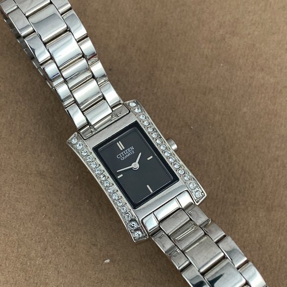 Citizen Watch Fancy Silver Tone Black Face with Crystal Bezel